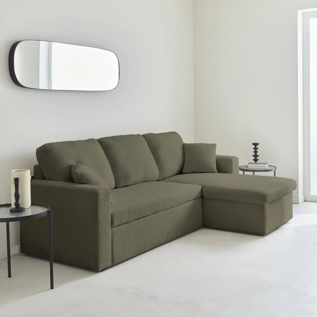 Sofá Cama 3 Plazas Reversible Tela Bouclé Crema con Chaise Longue y Almacenamiento