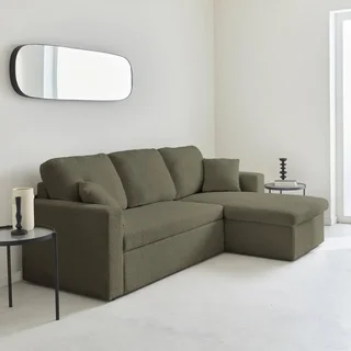 Sofá Cama 3 Plazas Reversible Tela Bouclé Crema con Chaise Longue y Almacenamiento