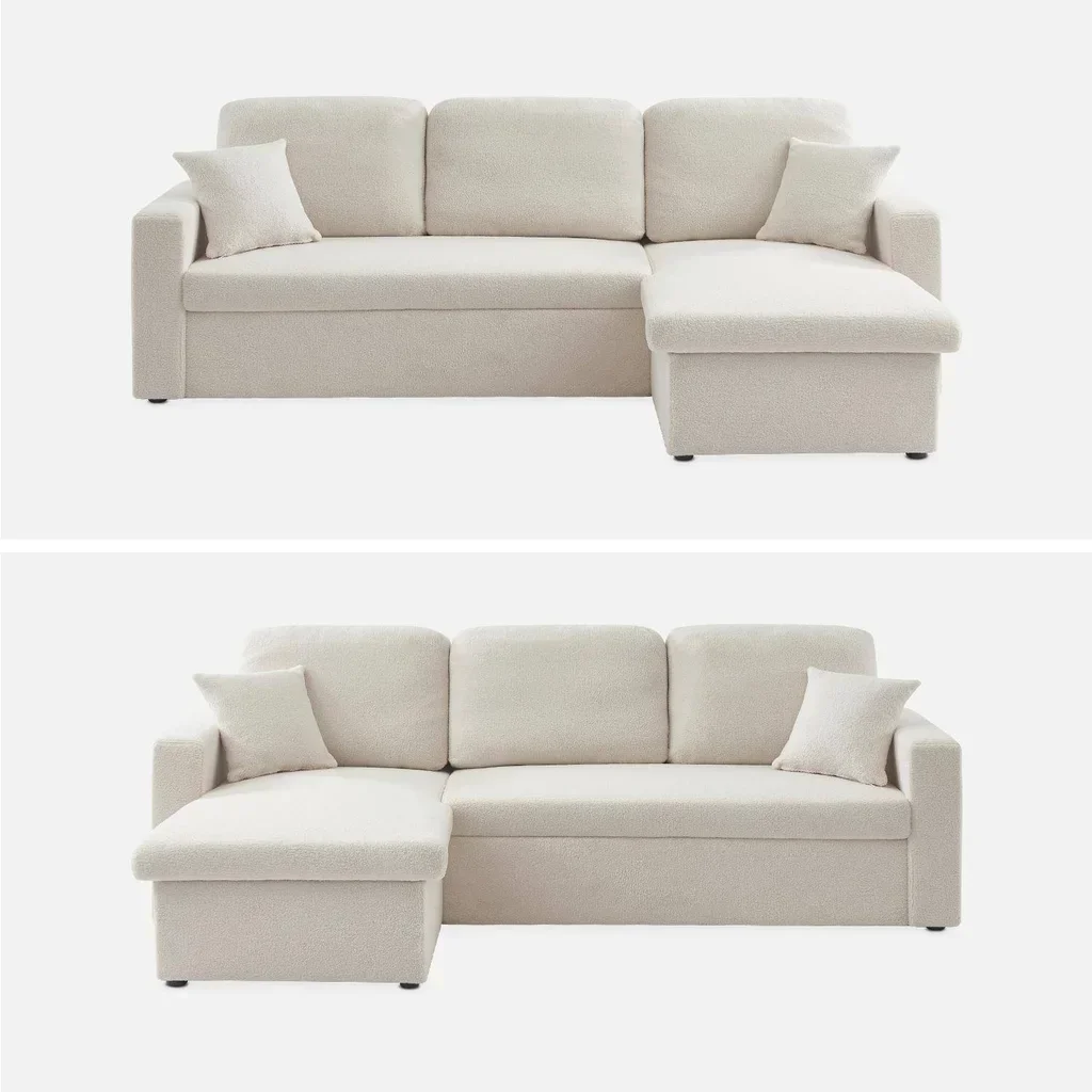 Sofá Cama 3 Plazas Reversible Tela Bouclé Crema con Chaise Longue y Almacenamiento