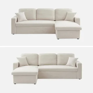 Sofá Cama 3 Plazas Reversible Tela Bouclé Crema con Chaise Longue y Almacenamiento