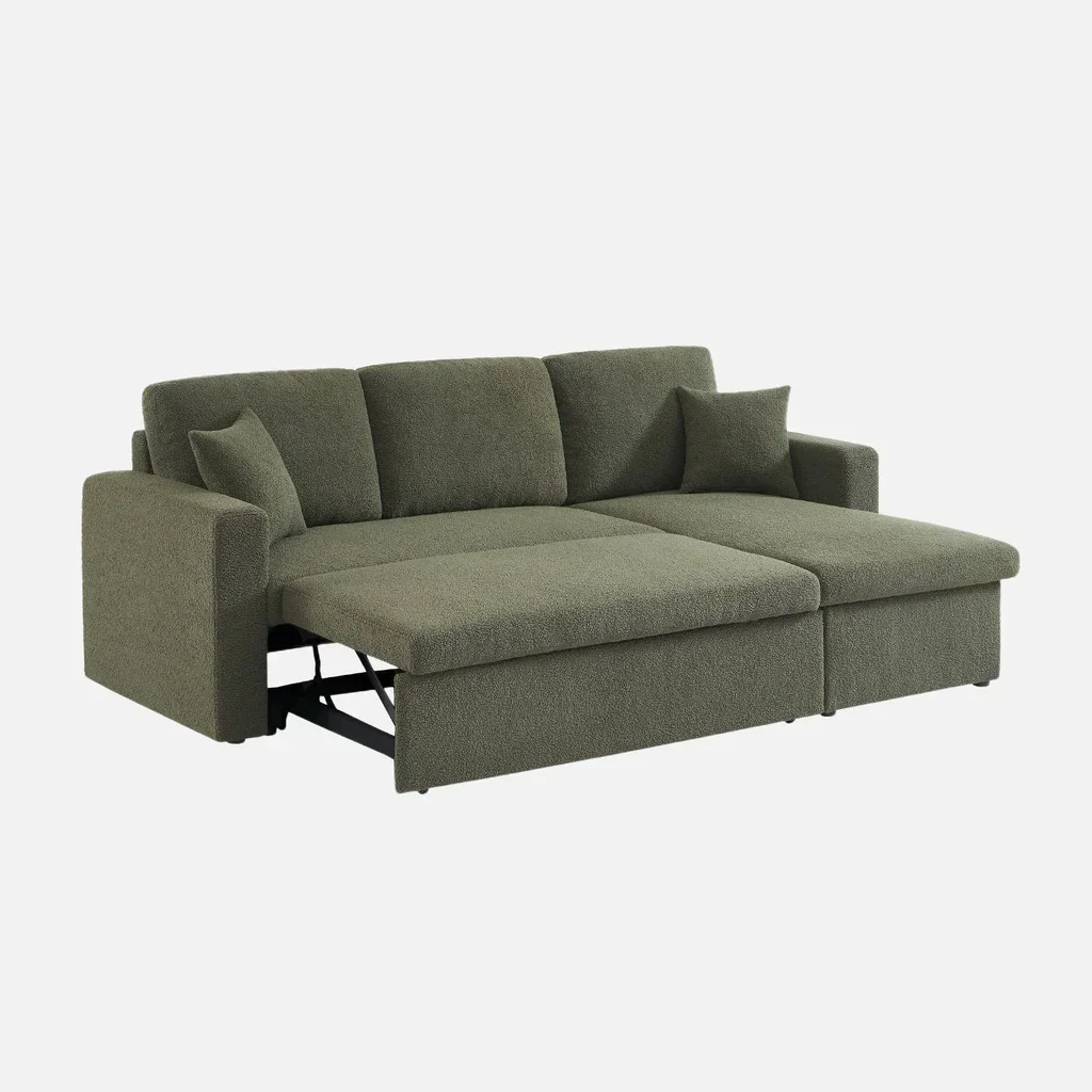 Sofá Cama 3 Plazas Reversible Tela Bouclé Crema con Chaise Longue y Almacenamiento