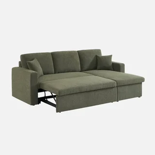 Sofá Cama 3 Plazas Reversible Tela Bouclé Crema con Chaise Longue y Almacenamiento