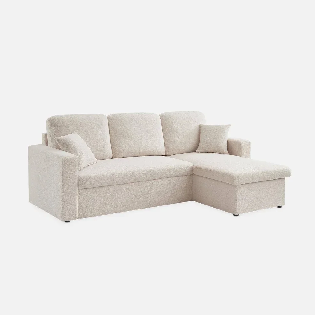 Sofá Cama 3 Plazas Reversible Tela Bouclé Crema con Chaise Longue y Almacenamiento
