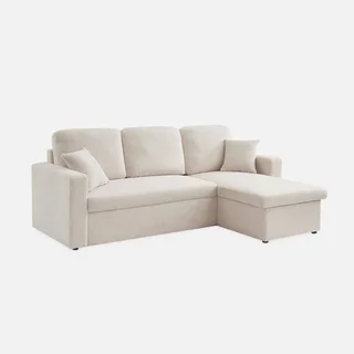 Sofá Cama 3 Plazas Reversible Tela Bouclé Crema con Chaise Longue y Almacenamiento