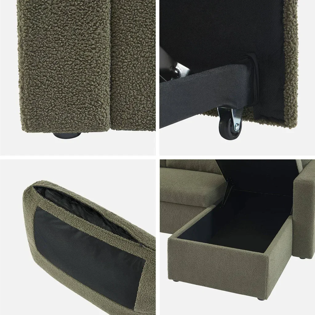 Sofá Cama 3 Plazas Reversible Tela Bouclé Crema con Chaise Longue y Almacenamiento