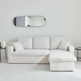 Sofá Cama 3 Plazas Reversible Tela Bouclé Crema con Chaise Longue y Almacenamiento
