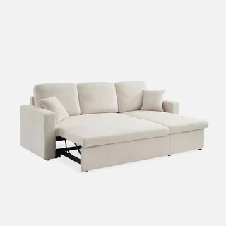 Sofá Cama 3 Plazas Reversible Tela Bouclé Crema con Chaise Longue y Almacenamiento