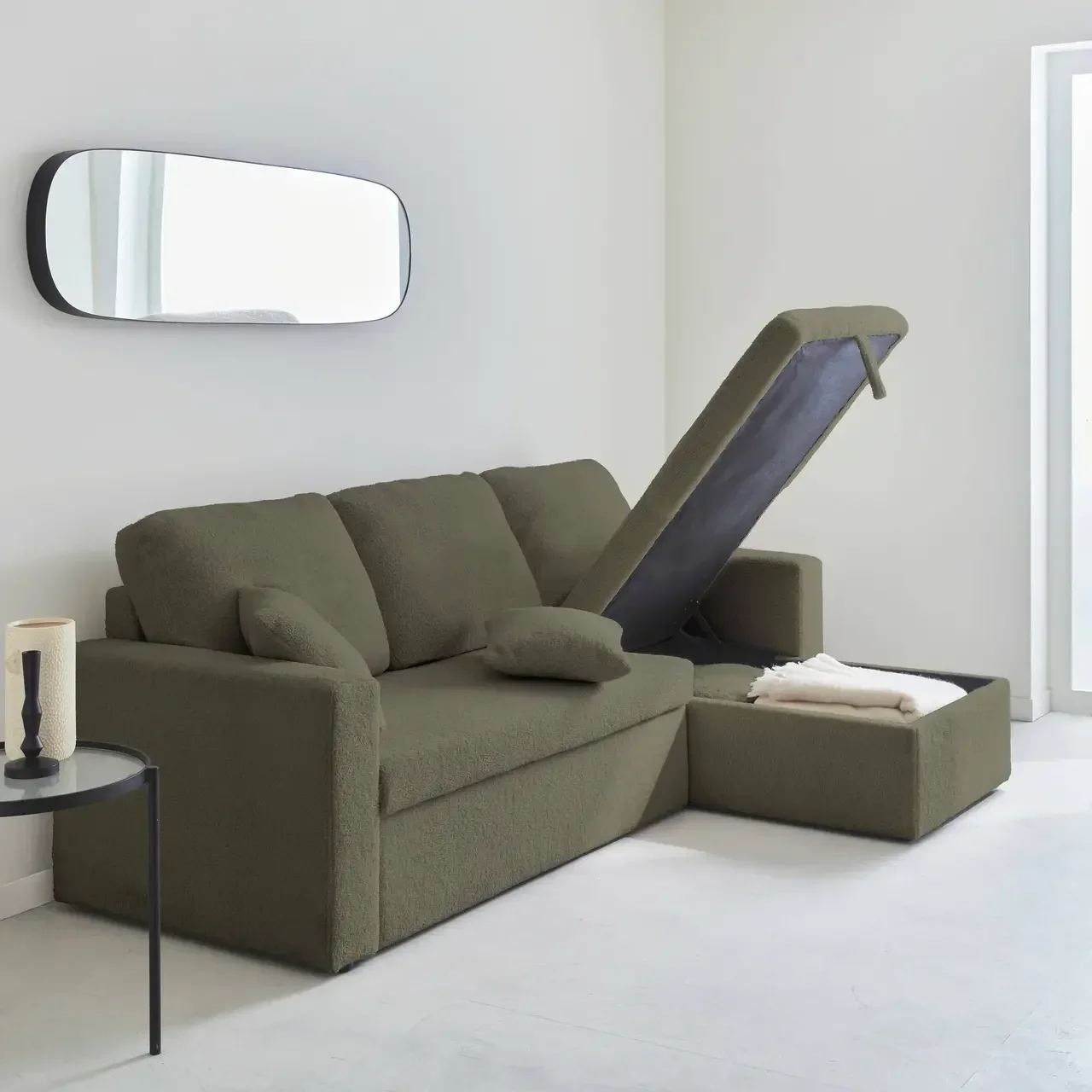 Sofá Cama 3 Plazas Reversible Tela Bouclé Crema con Chaise Longue y Almacenamiento