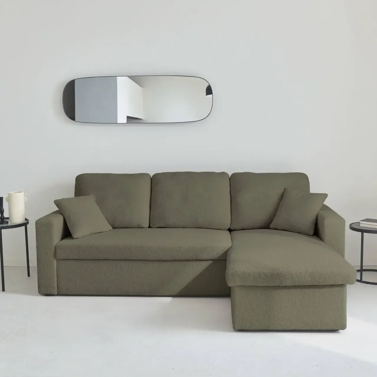 Sofá Cama 3 Plazas Reversible Tela Bouclé Crema con Chaise Longue y Almacenamiento