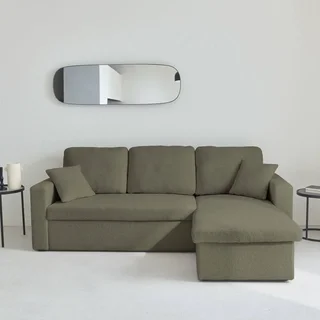 Sofá Cama 3 Plazas Reversible Tela Bouclé Crema con Chaise Longue y Almacenamiento