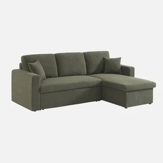 Sofá Cama 3 Plazas Reversible Tela Bouclé Crema con Chaise Longue y Almacenamiento