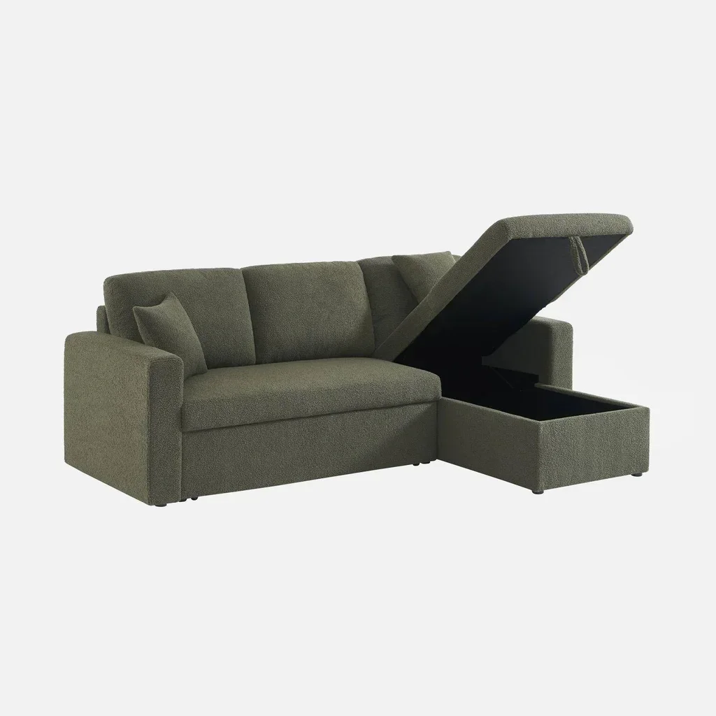 Sofá Cama 3 Plazas Reversible Tela Bouclé Crema con Chaise Longue y Almacenamiento