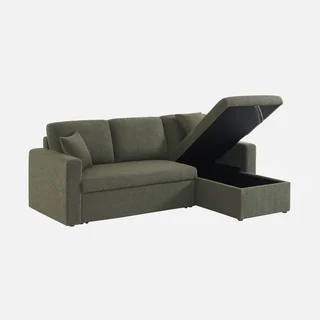 Sofá Cama 3 Plazas Reversible Tela Bouclé Crema con Chaise Longue y Almacenamiento