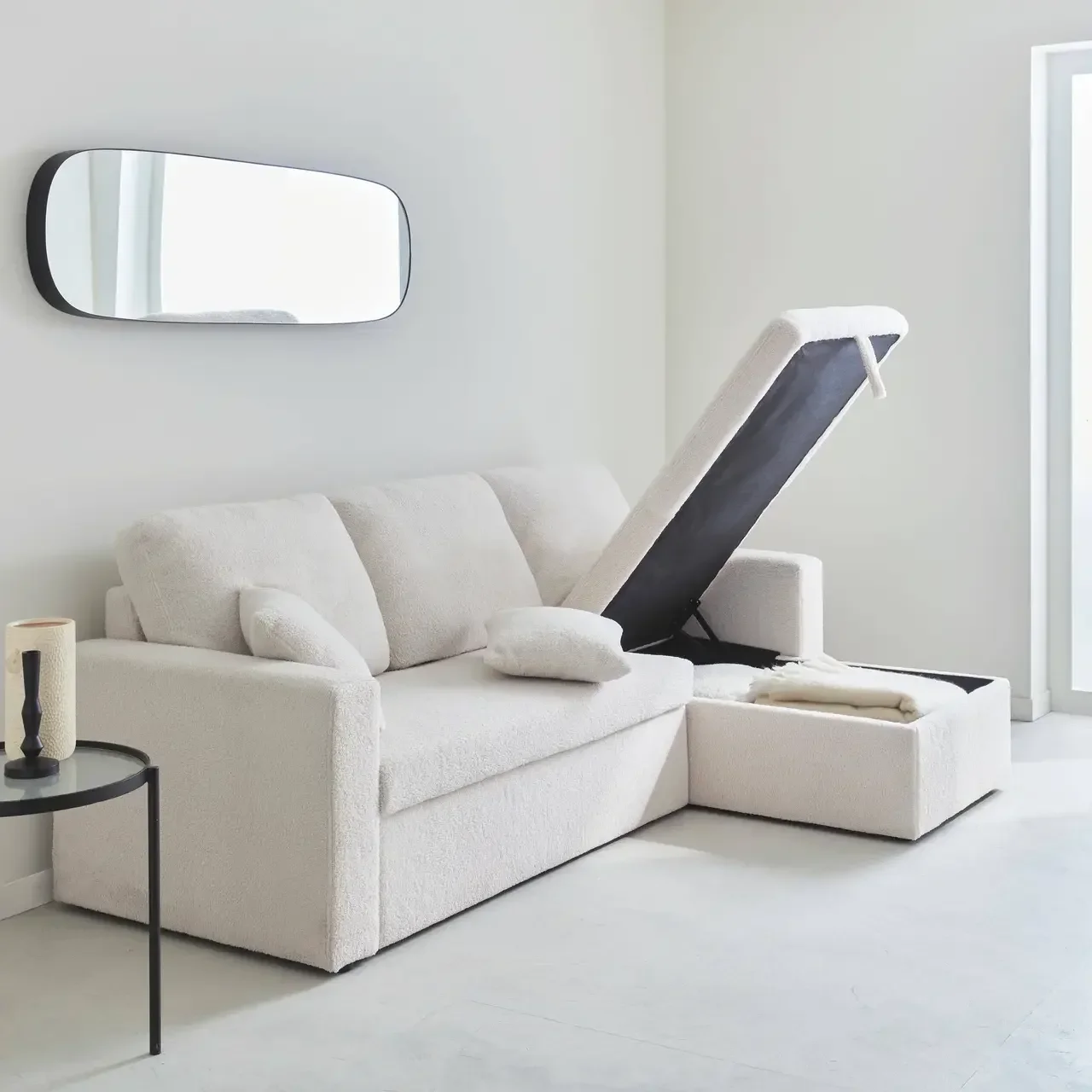 Sofá Cama 3 Plazas Reversible Tela Bouclé Crema con Chaise Longue y Almacenamiento