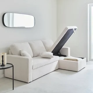 Sofá Cama 3 Plazas Reversible Tela Bouclé Crema con Chaise Longue y Almacenamiento