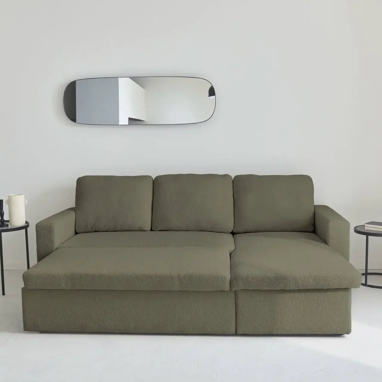 Sofá Cama 3 Plazas Reversible Tela Bouclé Crema con Chaise Longue y Almacenamiento
