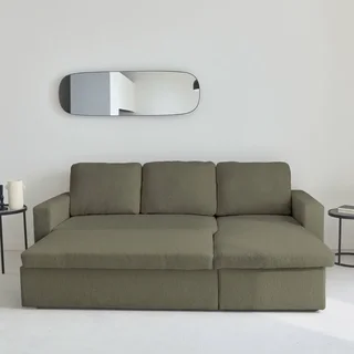 Sofá Cama 3 Plazas Reversible Tela Bouclé Crema con Chaise Longue y Almacenamiento