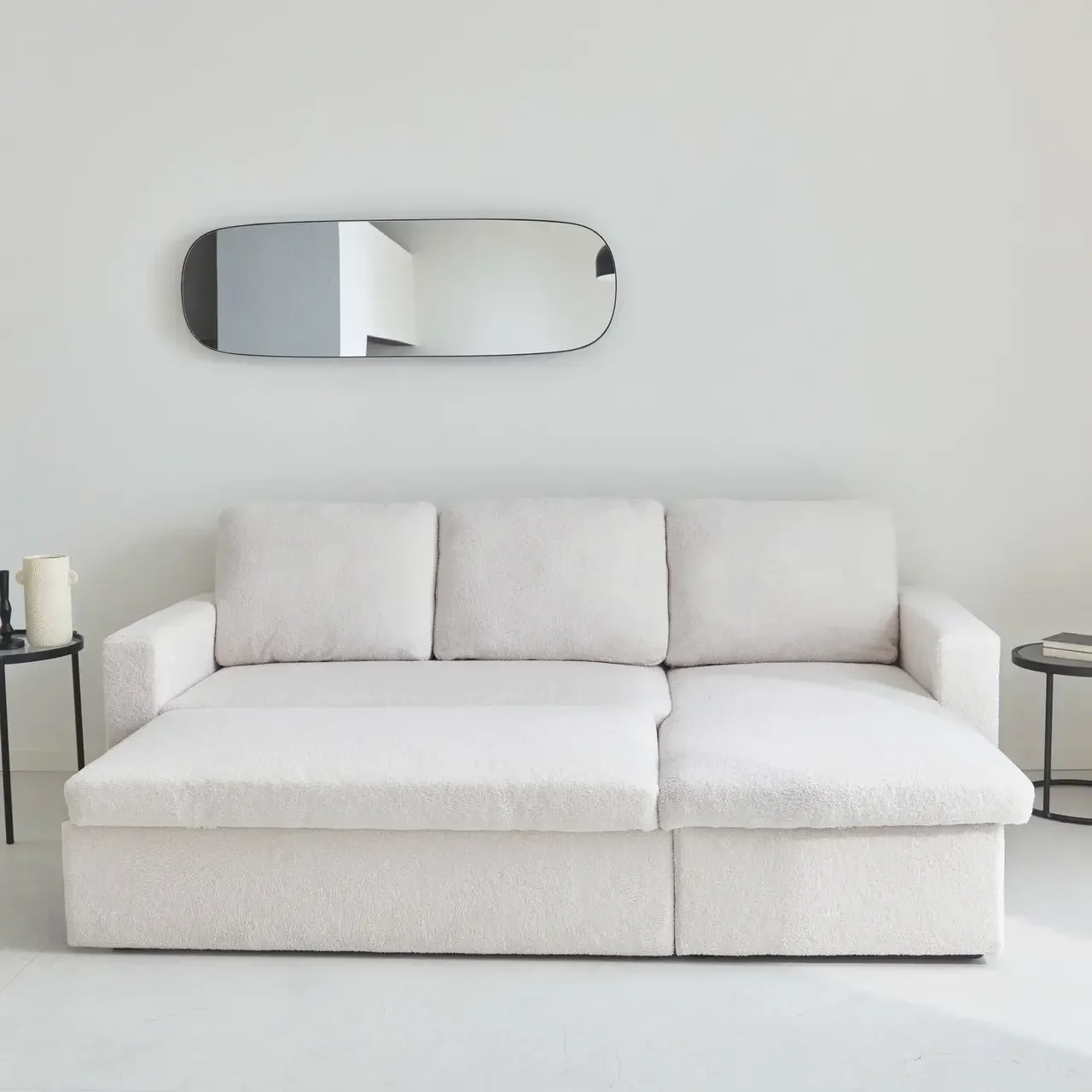 Sofá Cama 3 Plazas Reversible Tela Bouclé Crema con Chaise Longue y Almacenamiento