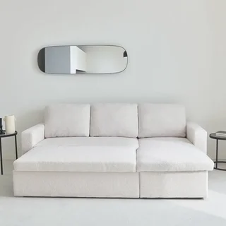 Sofá Cama 3 Plazas Reversible Tela Bouclé Crema con Chaise Longue y Almacenamiento