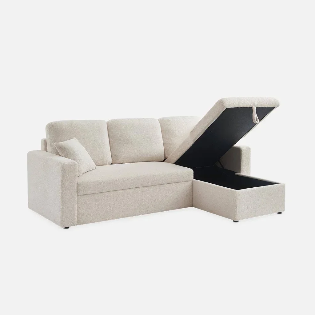 Sofá Cama 3 Plazas Reversible Tela Bouclé Crema con Chaise Longue y Almacenamiento