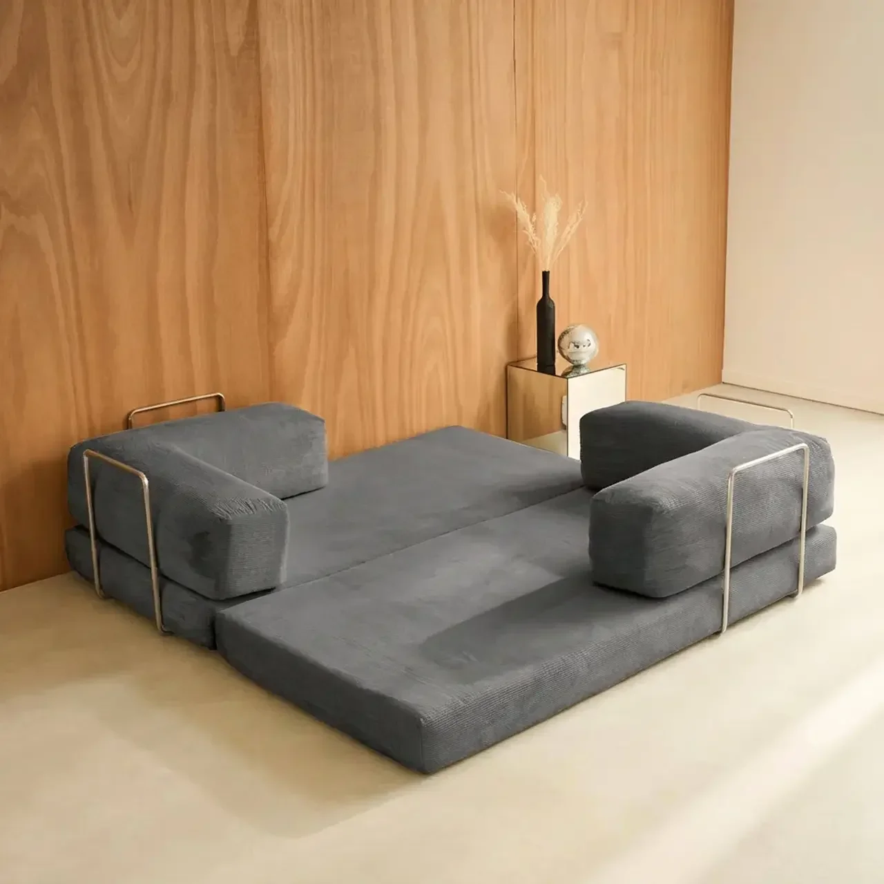Sofá Cama 3 Plazas Terciopelo Pana Vintage Seventies Cromo