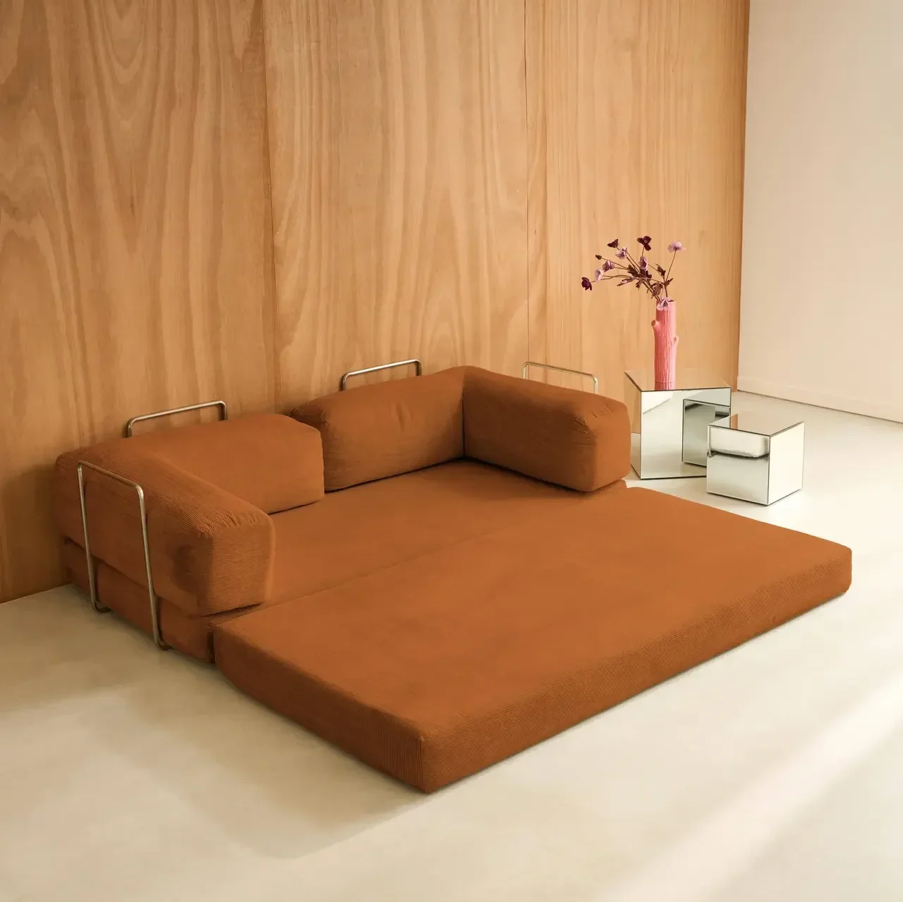 Sofá Cama 3 Plazas Terciopelo Pana Vintage Seventies Cromo