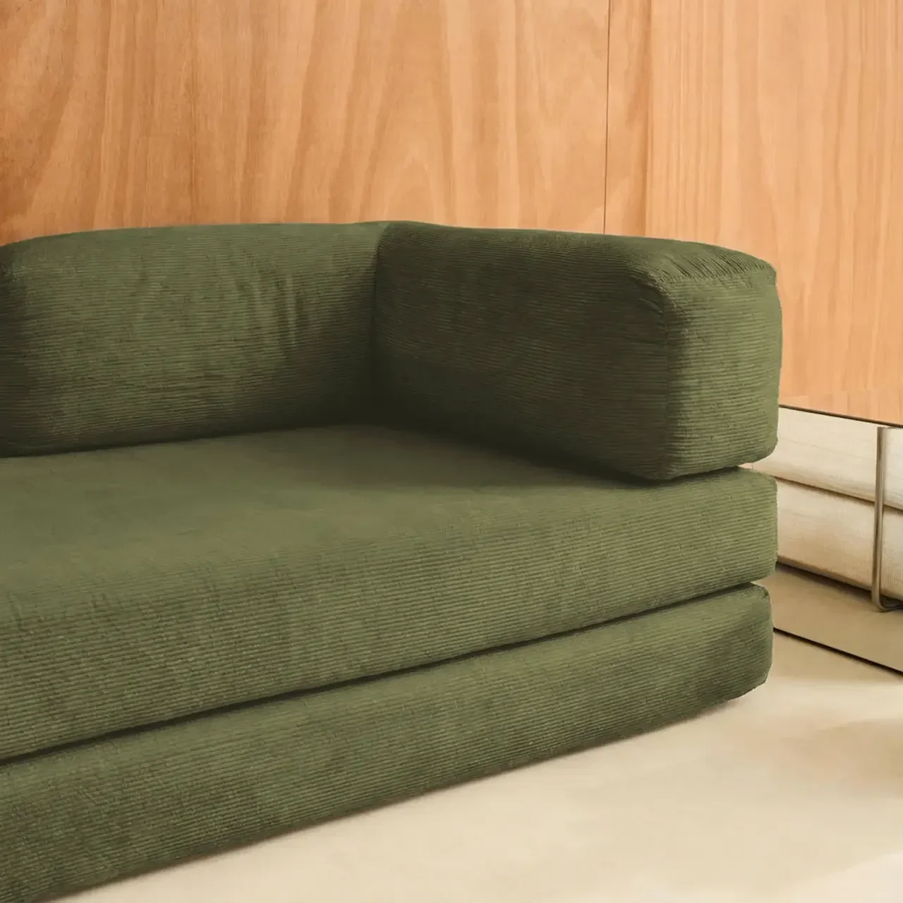 Sofá cama convertible 3 plazas terciopelo acanalado vintage cromado