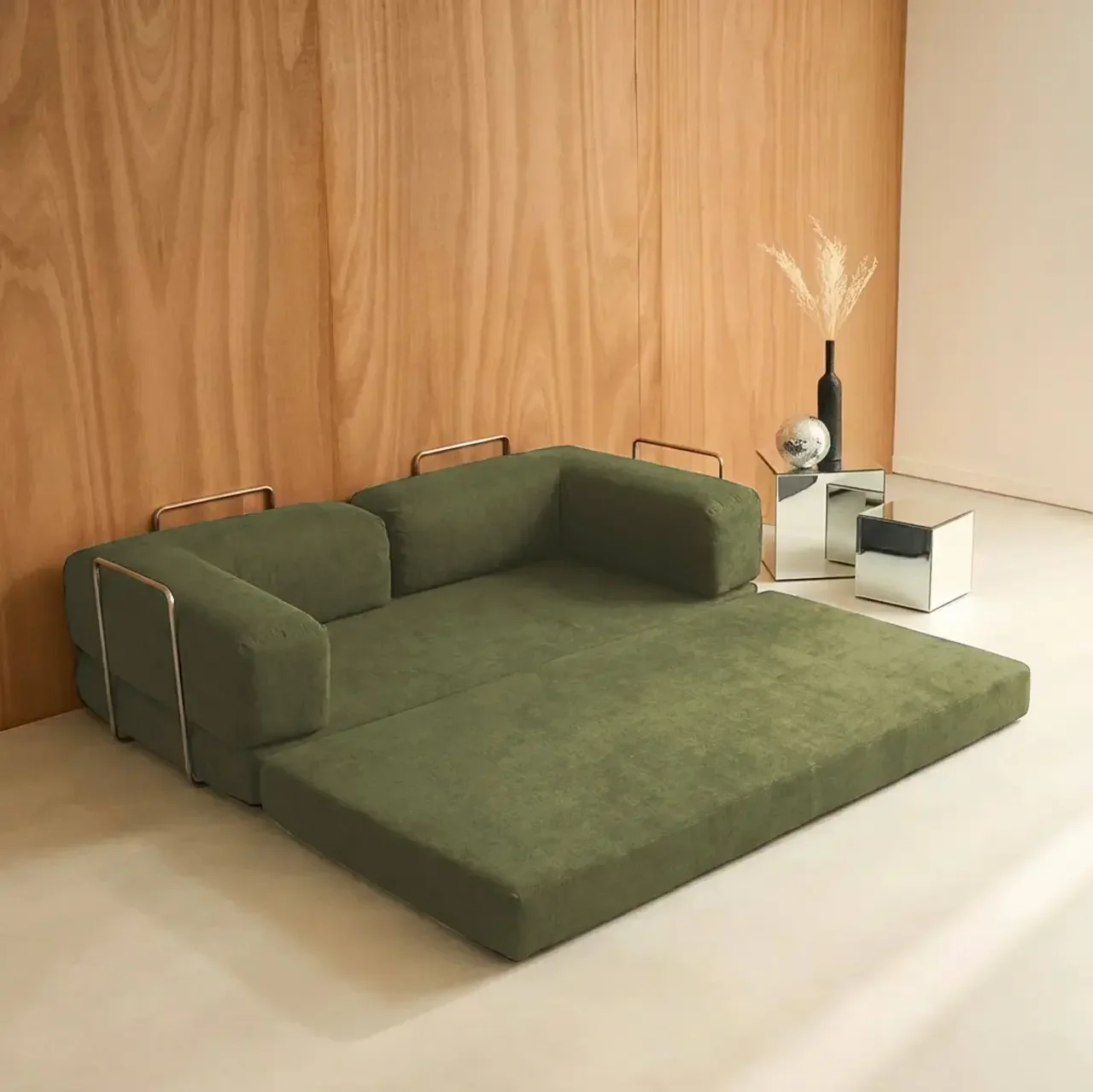 Sofá cama convertible 3 plazas terciopelo acanalado vintage cromado
