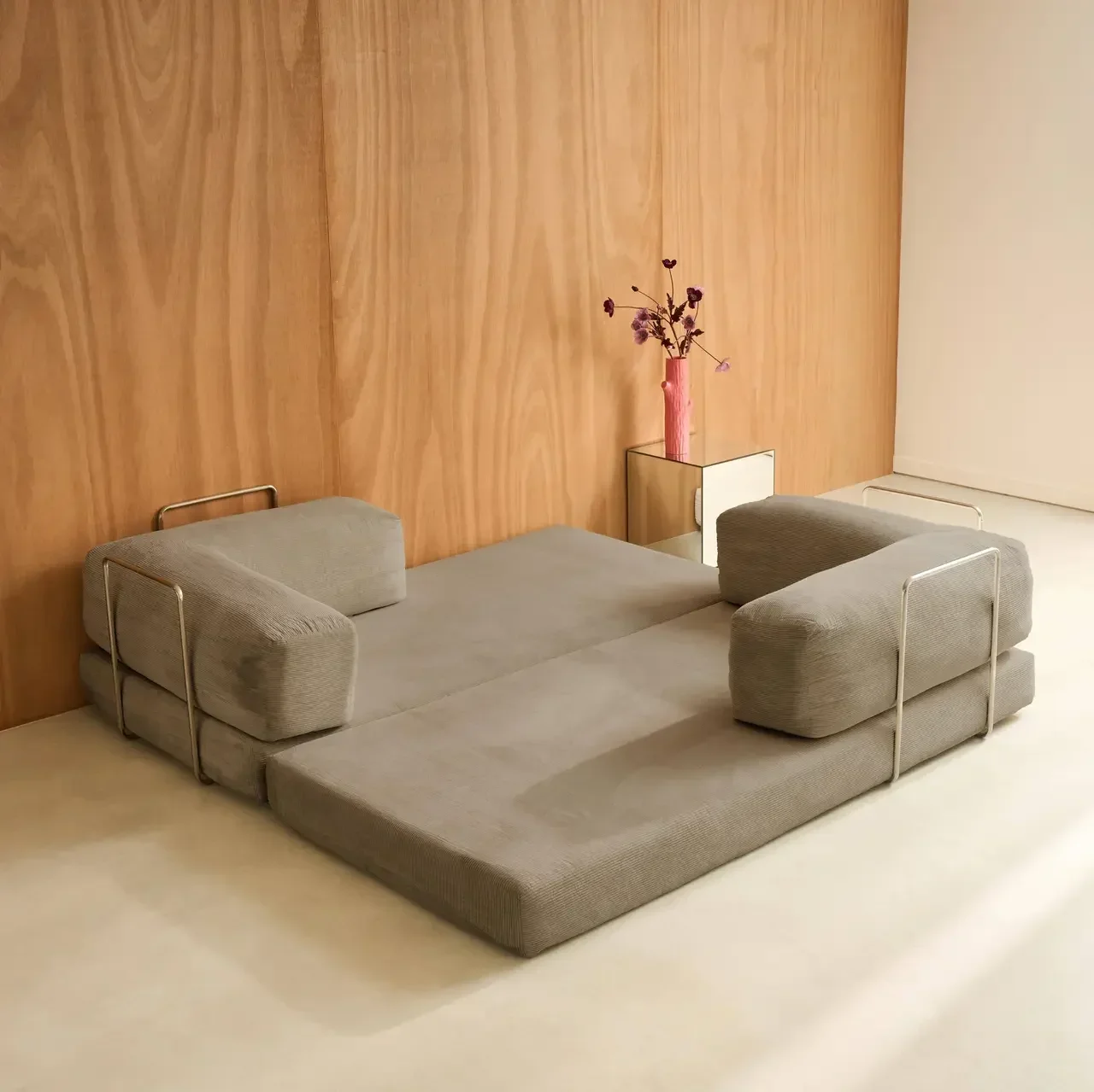 Sofá Cama 3 Plazas Terciopelo Pana Vintage Seventies Estructura Metal Cromado