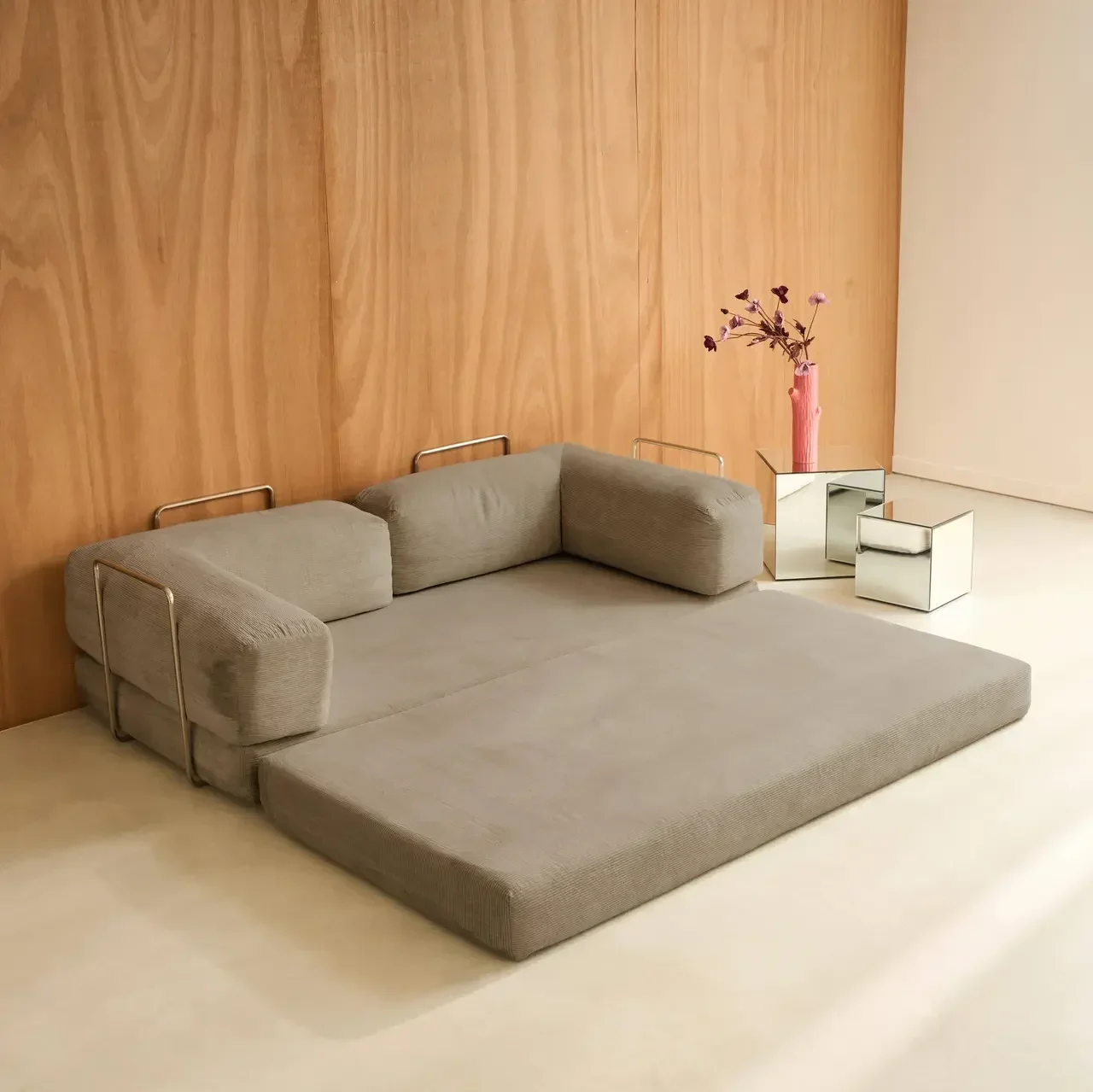 Sofá Cama 3 Plazas Terciopelo Pana Vintage Seventies Estructura Metal Cromado