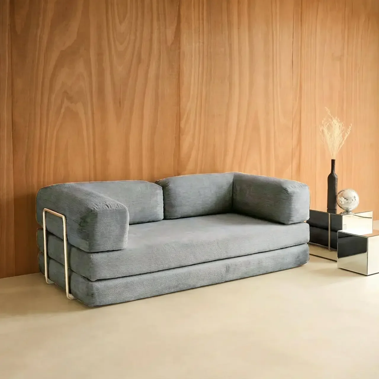 Sofá Cama 3 Plazas Terciopelo Pana Vintage Estructura Metal Cromado Estilo Años 70