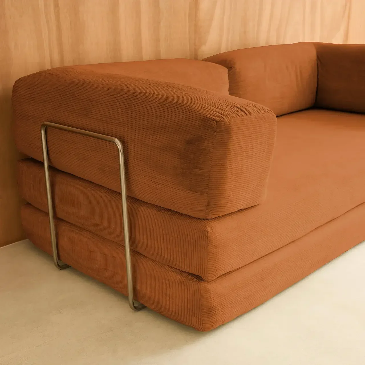 Sofá Cama 3 Plazas Terciopelo Pana Vintage Seventies Cromo