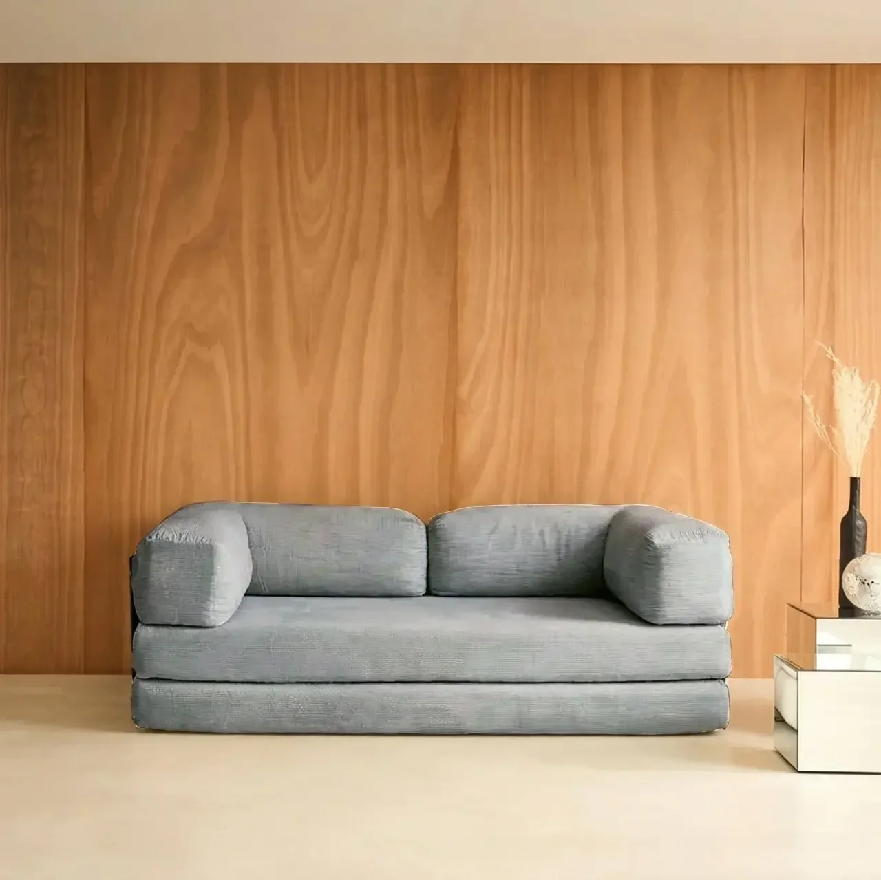 Sofá Cama 3 Plazas Terciopelo Pana Vintage Estructura Metal Cromado Estilo Años 70