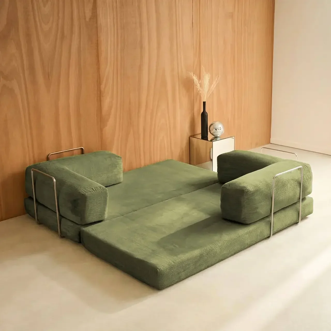 Sofá cama convertible 3 plazas terciopelo acanalado vintage cromado