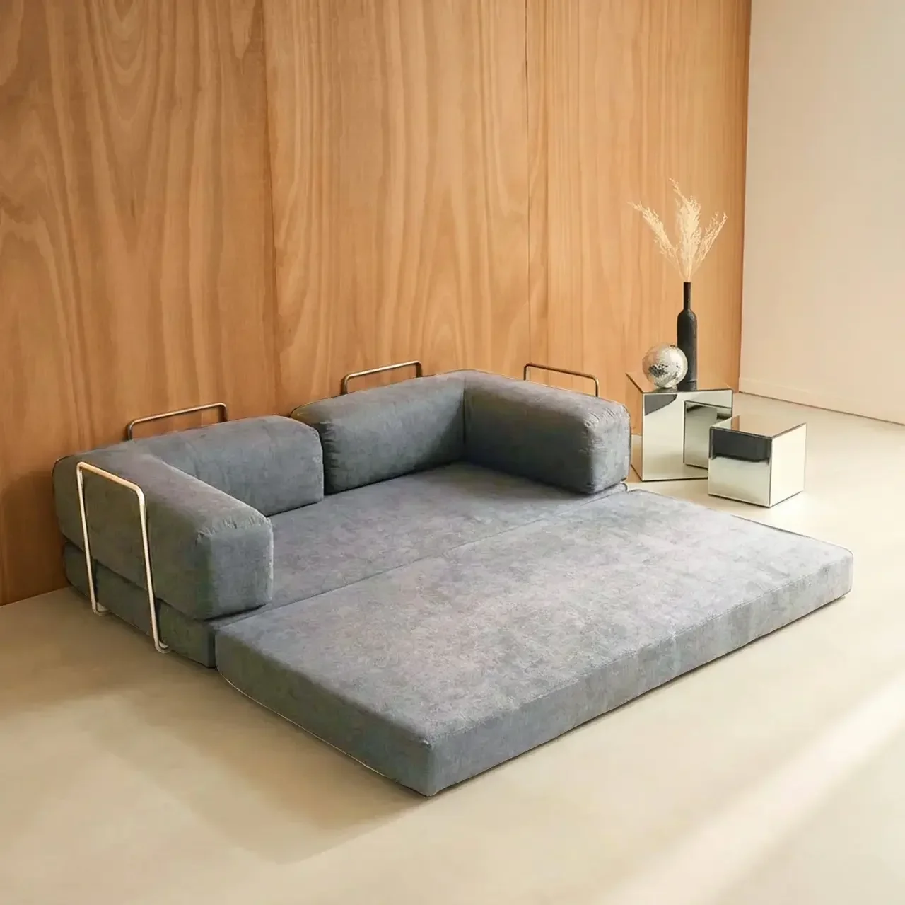 Sofá Cama 3 Plazas Terciopelo Pana Vintage Estructura Metal Cromado Estilo Años 70