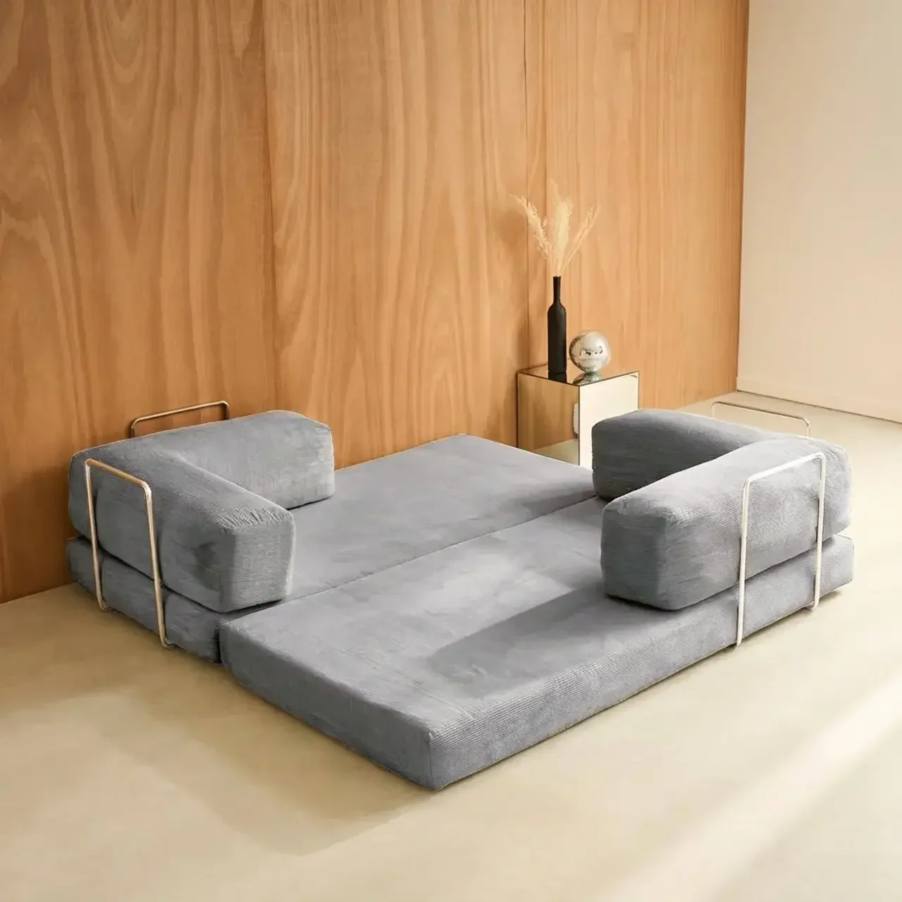 Sofá Cama 3 Plazas Terciopelo Pana Vintage Estructura Metal Cromado Estilo Años 70