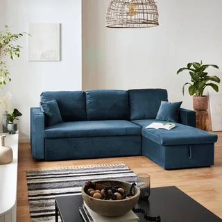 Blaues Samt-Schlafsofa 3-Sitzer mit Umkehrbarer Recamiere und Stauraum