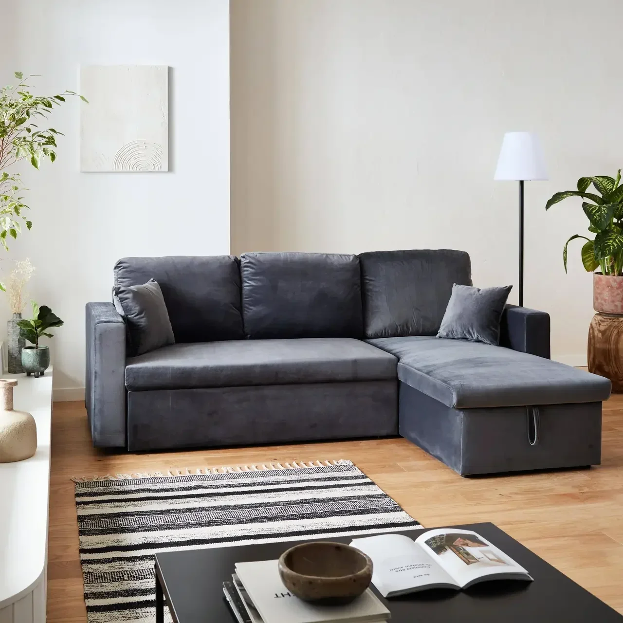 3-Sitzer Schlafsofa Blauer Samt Ottomane Umkehrbar mit Stauraum