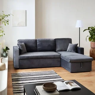 3-Sitzer Schlafsofa Blauer Samt Ottomane Umkehrbar mit Stauraum
