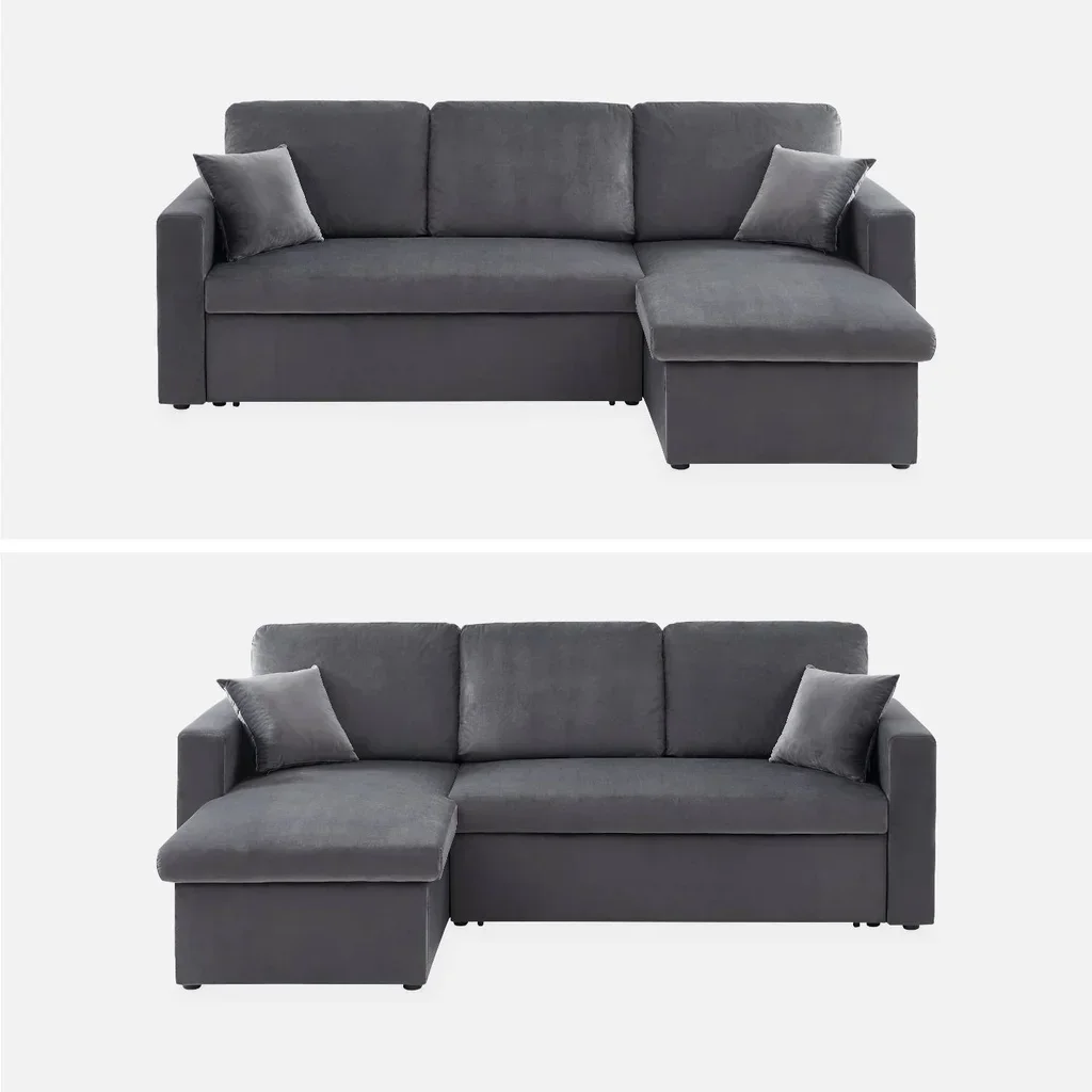 3-Sitzer Schlafsofa Blauer Samt Ottomane Umkehrbar mit Stauraum