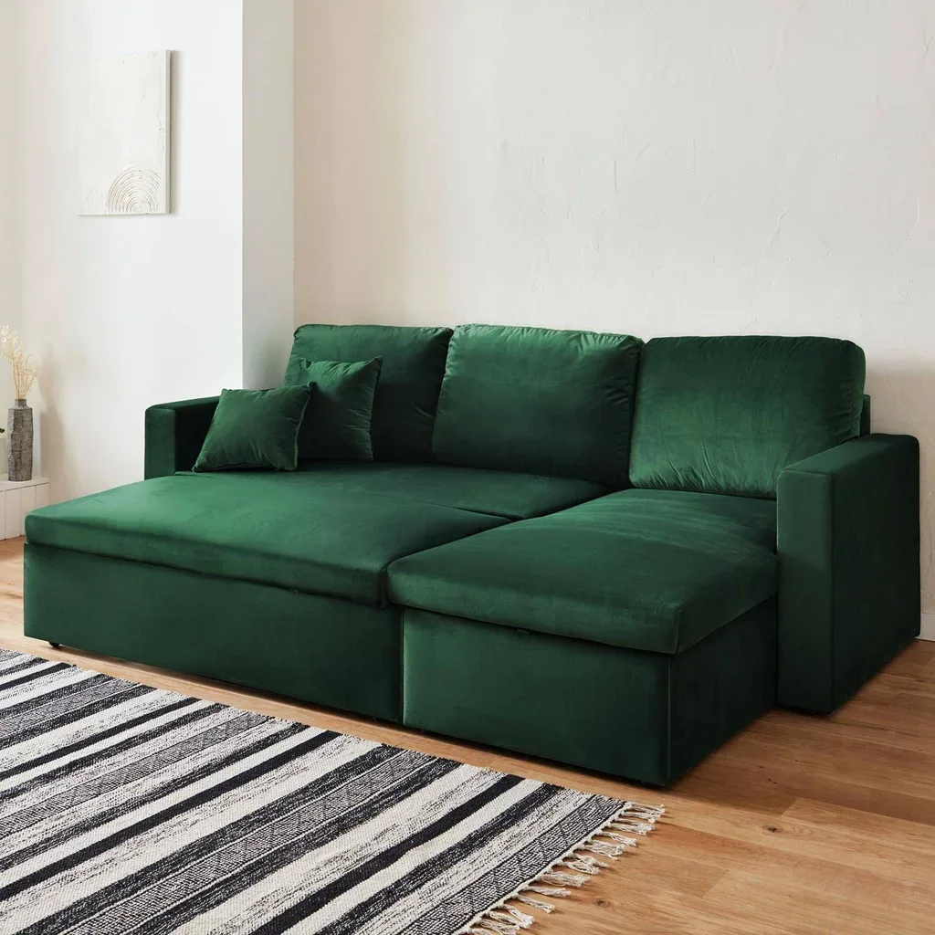 3-Sitzer Schlafsofa Blau Samt mit Umkehrbarer Recamiere und Stauraum - Bettsofa mit Bettkasten