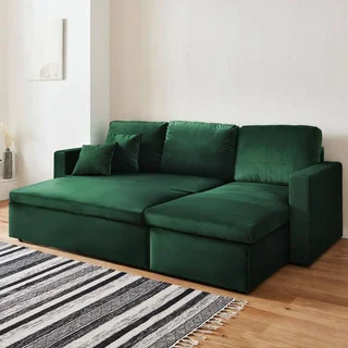 3-Sitzer Schlafsofa Blau Samt mit Umkehrbarer Recamiere und Stauraum - Bettsofa mit Bettkasten