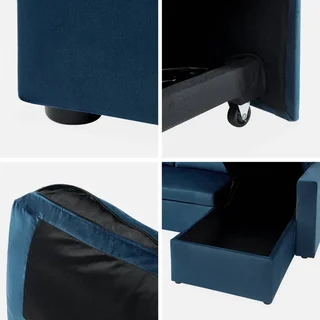 Blaues Samt-Schlafsofa 3-Sitzer mit Umkehrbarer Recamiere und Stauraum