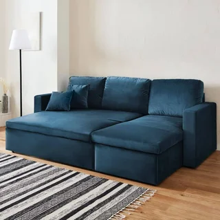 Blaues Samt-Schlafsofa 3-Sitzer mit Umkehrbarer Recamiere und Stauraum