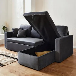 3-Sitzer Schlafsofa Blauer Samt Ottomane Umkehrbar mit Stauraum