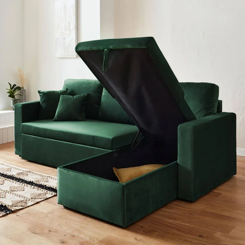 3-Sitzer Schlafsofa Blau Samt mit Umkehrbarer Recamiere und Stauraum - Bettsofa mit Bettkasten