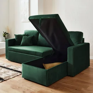 3-Sitzer Schlafsofa Blau Samt mit Umkehrbarer Recamiere und Stauraum - Bettsofa mit Bettkasten