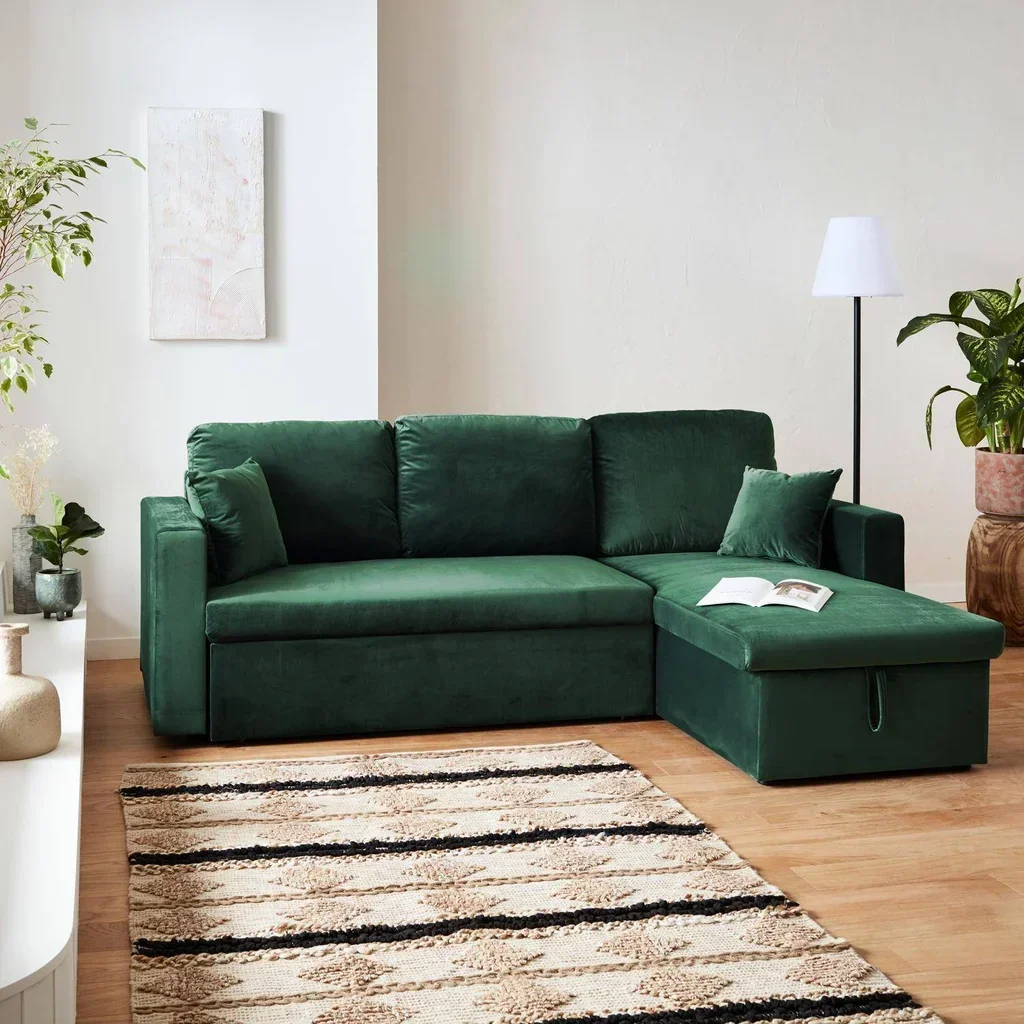 3-Sitzer Schlafsofa Blau Samt mit Umkehrbarer Recamiere und Stauraum - Bettsofa mit Bettkasten