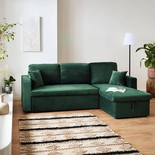 3-Sitzer Schlafsofa Blau Samt mit Umkehrbarer Recamiere und Stauraum - Bettsofa mit Bettkasten