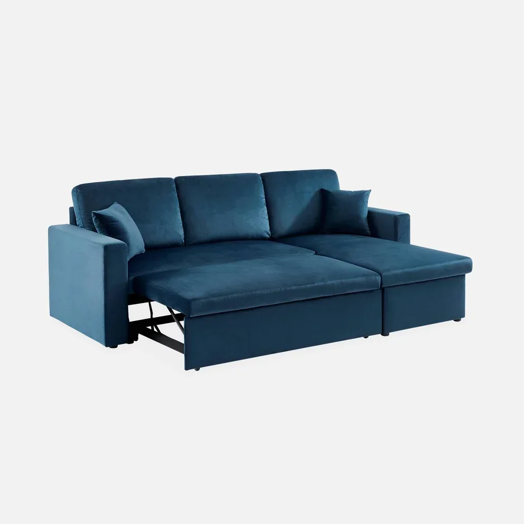 Blaues Samt-Schlafsofa 3-Sitzer mit Umkehrbarer Recamiere und Stauraum